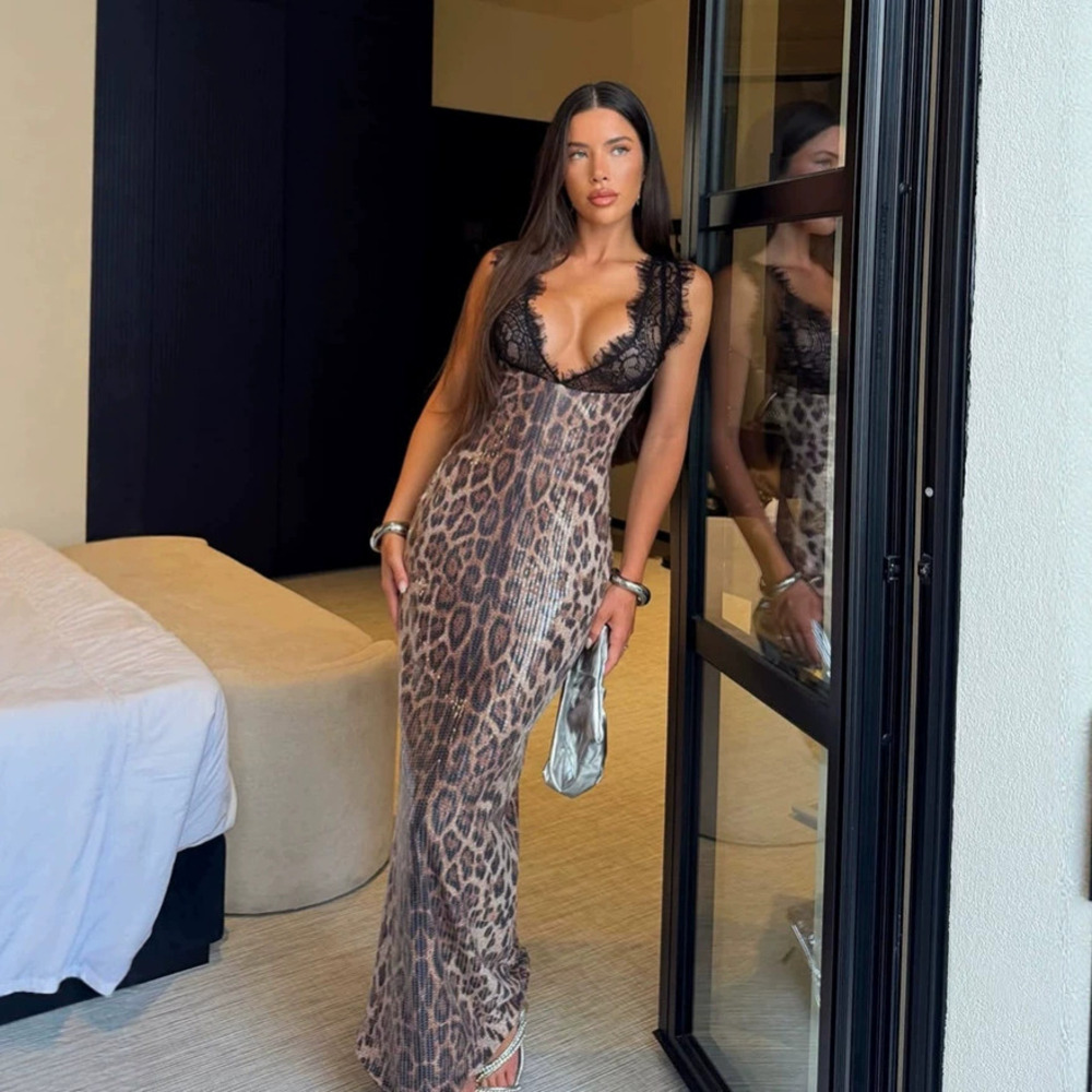 ZARA Fashion Leopard Print Lace Trim Spaghetti Strap Sequin Gown